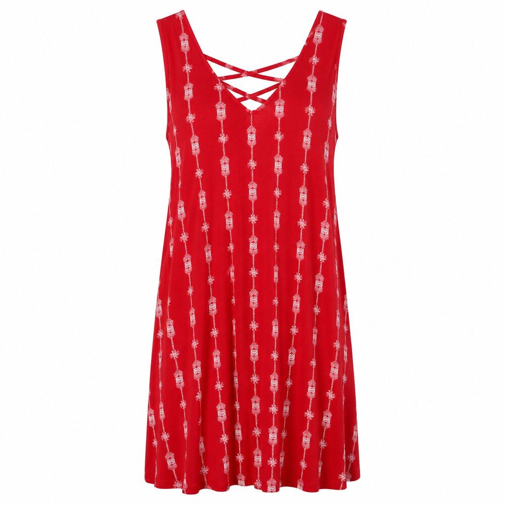 Pink Rose Shift Dress Women's XL Red/White Boho Geometric Americana Relaxed Fit